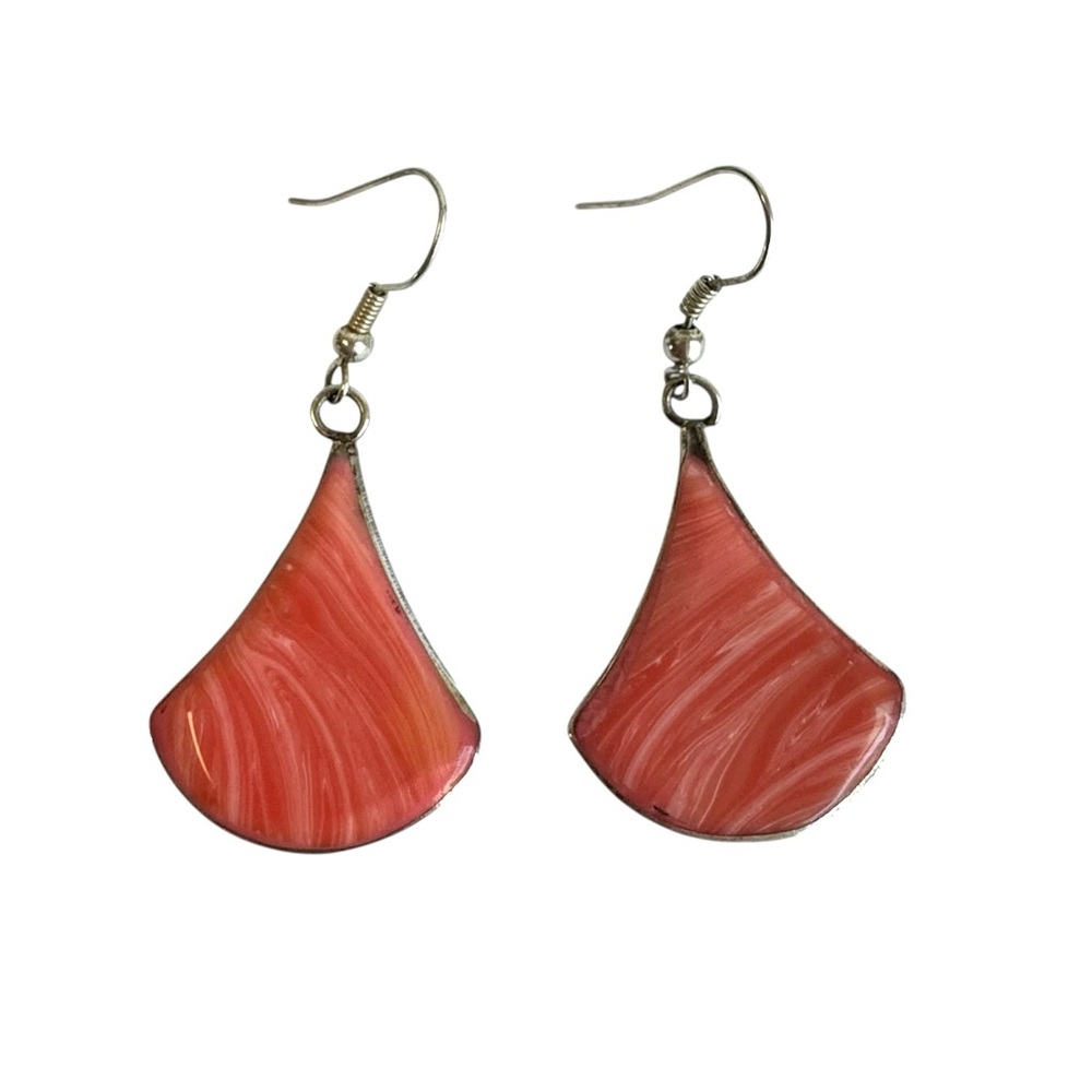 Vintage Coral Pink Drop Earrings Resin Silver Tone Southwest Mexico Western Boho
